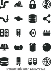 Solid Black Vector Icon Set - loudspeaker vector, sewerage, boiler, electronic, lock, big data, planet, cabbage, solar panel, water pipes, autopilot, pipe, court hearing, connection, pc speaker