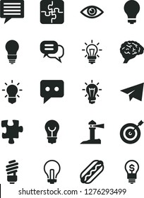 Solid Black Vector Icon Set - image of thought vector, matte light bulb, incandescent lamp, paper airplane, Puzzle, Puzzles, saving, eye, Hot Dog, coastal lighthouse, think, brain, target, dialog