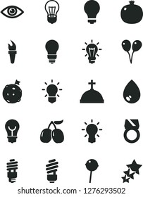 Solid Black Vector Icon Set - matte light bulb vector, colored air balloons, saving, eye, drop, Chupa Chups, pomegranate, tasty cornels, energy, flame torch, flag on moon, gold ring, three stars