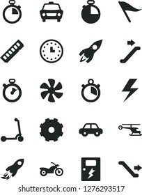 Solid Black Vector Icon Set - truck lorry vector, lightning, stopwatch, wind direction indicator, motor vehicle, child Kick scooter, dangers, timer, car, marine propeller, rocket, space, wall watch