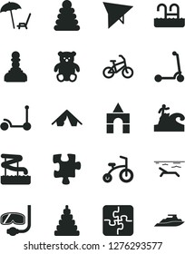 Solid Black Vector Icon Set - stacking rings vector, toy, small teddy bear, box of bricks, child bicycle, Kick scooter, Puzzle, Puzzles, pawn, hang glider, bike, tent, beach, arnchair under umbrella