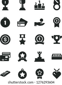 Solid Black Vector Icon Set - brick vector, cards, pedestal, catch a coin, winner podium, prize, award, gold cup, star medal, first place, with pennant, ribbon, hero, ring, bar, dollar, credit card