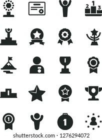 Solid Black Vector Icon Set - star vector, pedestal, medal, winner, podium, prize, award, cup, man hands up, with, motivation, first place, pennant, ribbon, certificate, stars around