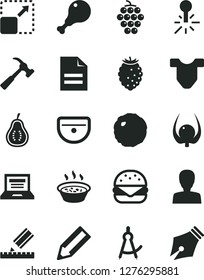Solid Black Vector Icon Set - laptop vector, scribbled paper, woman, Child T shirt, sink, drawing, hammer with claw, expand picture, big burger, porridge in a saucepan, chicken leg, cabbage, pencil