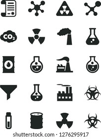 Solid Black Vector Icon Set - round flask vector, manufacture, factory, oil, barrel, industrial building, radiation, carbon dyoxide, filter, research article, test tube, molecule, nuclear, biohazard