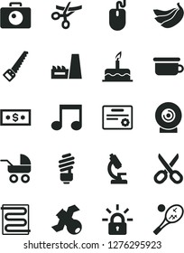 Solid Black Vector Icon Set - scissors vector, baby carriage, children's potty, cake, arm saw, saving light bulb, heating coil, camera, lens, bananas, thermal power plant, mouse, note, encrypting