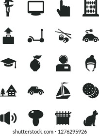 Solid Black Vector Icon Set - Kick scooter vector, winter hat, abacus, index finger, volume, operator, mushroom, Chinese chopsticks, biscuit, quince, cloth industry, electric car, retro, caliper