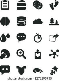 Solid Black Vector Icon Set - stopwatch vector, zoom, upload archive data, Child T shirt, footprints, speech, big, move right, porcini, piece of cake, biscuit, forest, drop, retro car, think, cloud