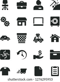Solid Black Vector Icon Set - house vector, wicker pot, motor vehicle present, Puzzles, folder, strongbox, T shirt, coal mining, electric transport, kiosk, portfolio, get a wage, dispatcher, chair