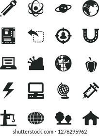 Solid Black Vector Icon Set - lightning vector, laptop, graphite pencil, move left, ripe pepper, trees, tower crane, man in sight, globe, planet, cashbox, computer, motherboard, atom, saturn, luck