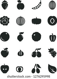 Solid Black Vector Icon Set - cabbage vector, orange, peach, grape, squash, quince, red apple, tasty, plum, raspberry, cornels, melon, water, half tomato, Bell pepper, garlic, peas, pumpkin, leaf