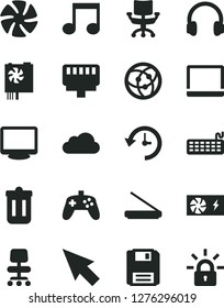 Solid Black Vector Icon Set - notebook pc vector, fan, keyboard, power supply, monitor, scanner, headphones, network, trash bin, floppy, lan connector, note, joystick, chair, history, cursor, cloud