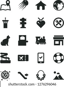 Solid Black Vector Icon Set - earth vector, train, airport tower, escalator, baggage scanner, plane ticket, phone registration, boungalow, hawaii wreath, disco ball, aquapark, cafe, pets, map, store