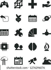 Solid Black Vector Icon Set - calendar vector, plus, sample of colour, move left, beet, trees, catch a coin, wall, cpu, connect, joystick, telescope, brain, satellite, flame, saturn, 3d cube
