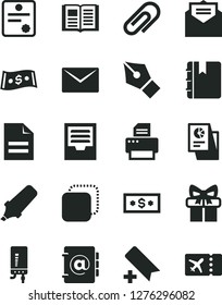 Solid Black Vector Icon Set - clip vector, add bookmark, scribbled paper, archive, electronic boiler, envelope, received letter, book, notebook, address, copy, text highlighter, dollar, gift