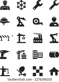 Solid Black Vector Icon Set - repair key vector, tower crane, builder, workman, concrete mixer, cordless drill, measuring tape, city block, tile, helmet, road fence, industrial building, pipe