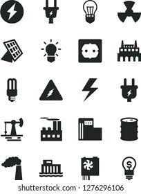 Solid Black Vector Icon Set - lightning vector, power socket type f, working oil derrick, modern gas station, manufacture, barrel, bulb, hydroelectric, plug, electric, industrial building, factory