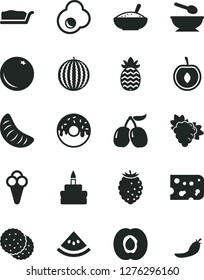 Solid Black Vector Icon Set - deep plate with a spoon vector, piece of cheese, cake slice, birthday, glazed hole, bowl rice porridge, cone, fried egg, biscuit, orange, half apricot, branch grape