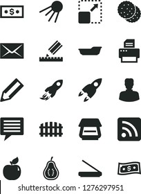 Solid Black Vector Icon Set - image of thought vector, envelope, rss feed, bath, drawing, fence, artificial satellite, expand picture, biscuit, apricot, part guava, woman, space rocket, pencil