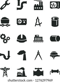 Solid Black Vector Icon Set - sewerage vector, construction helmet, valve, water pipes, manufacture, factory, hydroelectric station, power pole, industrial building, pipe, steel repair key, gears