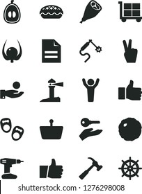 Solid Black Vector Icon Set - cargo trolley vector, scribbled paper, shoes for little children, drill, hammer with claw, thumb up, apple pie, grill chicken leg, cabbage, half loquat, physalis