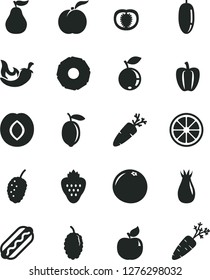 Solid Black Vector Icon Set - Hot Dog vector, chili, carrot, strawberry, ripe peach, apricot, plum, rose hip, blueberry, mulberry, tasty, date fruit, lemon, juicy, slice of pineapple, grapefruit