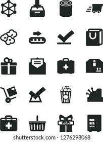 Solid Black Vector Icon Set - grocery basket vector, first aid kit, medical bag, received letter, put in a box, with handles, cardboard, gift, shipment, tin, popcorn, cup of, production conveyor