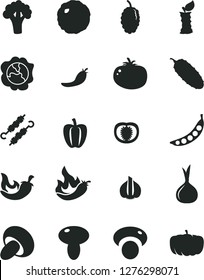 Solid Black Vector Icon Set - mushroom vector, porcini, meat on skewers, cabbage, cucumber, tomato, chili, squash, mulberry, apple stub, half, Bell pepper, red, hot, garlic, onion, peas, mashroom