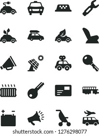 Solid Black Vector Icon Set - horn vector, car child seat, summer stroller, motor vehicle present, key, pass card, big solar panel, accumulator, eco, environmentally friendly transport, electric