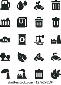 Solid Black Vector Icon Set - bin vector, dust, bag with handles, working oil derrick, leaf, gas station, manufacture, factory, hydroelectricity, trees, thermal power plant, drop, eco car, electric
