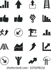 Solid Black Vector Icon Set - upward direction vector, growth up, line chart, positive histogram, crane, hook, stepladder, ladder, left bottom arrow, thumb, move, right, bar, finger, man, hands