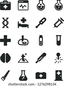 Solid Black Vector Icon Set - first aid kit vector, plus, electronic thermometer e, mercury, bag of a paramedic, arm saw, temperature, cardiogram, round flask, test tube, dna, brain, syringe
