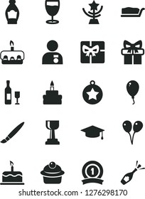 Solid Black Vector Icon Set - tassel vector, colored air balloons, balloon, cake, muffin, slice, torte, birthday, glass, bottle, gift, giftbox, gold cup, star, man with medal, graduate, ribbon, wine