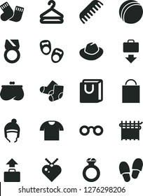 Solid Black Vector Icon Set - paper bag vector, hat, bath ball, comb, warm socks, Knitted, shoes for little children, winter, with handles, T shirt, hanger, cloth industry, purse, glasses, gold