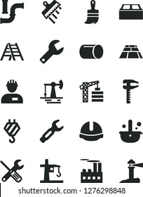 Solid Black Vector Icon Set - repair key vector, tower crane, workman, hook, small tools, wooden paint brush, ladder, construction helmet, building block, spatula, paving slab, working oil derrick