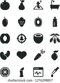 Solid Black Vector Icon Set - heart symbol vector, feeding bottle, bath, temperature, cardiogram, strawberry, pear, pomegranate, quince, mulberry, goji berry, delicious plum, half peach, juicy lemon