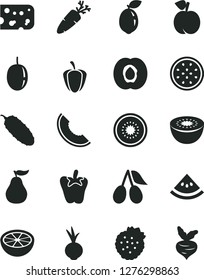 Solid Black Vector Icon Set - piece of cheese vector, cucumber, peper, beet, carrot, strawberries, peach, half apricot, cornels, slice melon, passion fruit, kiwi, sour lime, grapefruit, ripe guava