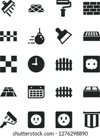 Solid Black Vector Icon Set - paint roller vector, brickwork, big core, power socket type b, f, tile, ceramic tiles, brick, building block, putty knife, spatula, fence, hedge, paving slab, pavement