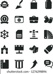 Solid Black Vector Icon Set - paper bag vector, warm socks, Knitted, box of bricks, building trowel, color samples, notebook, label, SIM card, jar, lighthouse, billboard with illumination, portfolio
