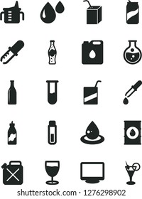 Solid Black Vector Icon Set - measuring cup for feeding vector, e, packing of juice with a straw, glass, soda can, bottle, liquor, round flask, oil, canister, drop, monitor, test tube, pipette