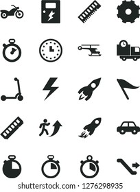 Solid Black Vector Icon Set - truck lorry vector, lightning, stopwatch, wind direction indicator, motor vehicle, child Kick scooter, dangers, timer, delivery, rocket, space, wall watch, memory