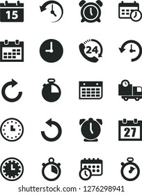 Solid Black Vector Icon Set - daily calendar vector, clock face, alarm, clockwise, counterclockwise, wall, timer, delivery, 24, watch, history, schedule, stopwatch