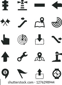 Solid Black Vector Icon Set - upward direction vector, left, wind indicator, minus, index finger, map, move up, down, lighthouse, coastal, repair, radar, cross flags, dollar pin, escalator, signpost