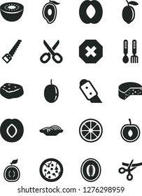 Solid Black Vector Icon Set - scissors vector, mark of injury, iron fork spoons, arm saw, knife, cheese, pizza, slices onion, piece meat, plum, half mango, peach, melon, cherry, passion fruit, lemon