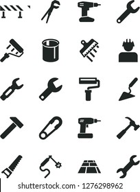 Solid Black Vector Icon Set - paint roller vector, repair key, safety pin, building trowel, adjustable wrench, cordless drill, hand saw, spatula, paving slab, road fence, hammer, with claw, builder