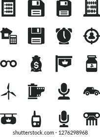 Solid Black Vector Icon Set - desktop microphone vector, floppy disk, camera roll, new abacus, toy mobile phone, estimate, alarm clock, jar of jam, windmill, retro car, vintage sign, man in sight