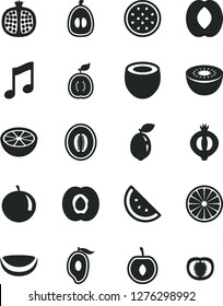 Solid Black Vector Icon Set - music vector, orange slice, half apricot, pomegranate, of medlar, mango, peach, melon, tangerine, loquat, cherry, kiwi, passion fruit, sour lime, guawa, piece coconut