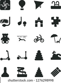 Solid Black Vector Icon Set - stacking rings vector, toy, small teddy bear, box of bricks, Kick scooter, child, Puzzle, Puzzles, pawn, air balloon, hang glider, bike, beach, arnchair under umbrella