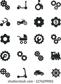 Solid Black Vector Icon Set - truck lorry vector, baby carriage, children's train, tricycle, Kick scooter, child, gears, cogwheel, gear, star, retro car, three, dollar, motorcycle, disabled