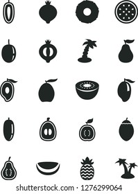 Solid Black Vector Icon Set - medlar vector, half of, mango, loquat, date fruit, passion, sweet, kiwi, tamarillo, guawa, piece coconut, pineapple, slice, ripe guava, part, palm tree